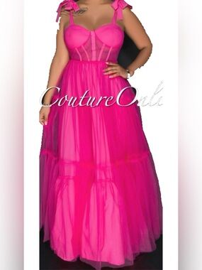 Hot Pink Mesh Maxi Dress with Bow Straps